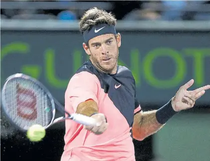  ?? AFP ?? Golpe. Del Potro abre el brazo para pegarle duro. Lleva 15 triunfos seguidos y suma 100 en Masters 1000.