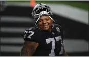  ?? ETHAN MILLER — GETTY IMAGES ?? The Raiders on Tuesday dealt the 6-foot-8, 380-pound Trent Brown to the Patriots for a 2022 fifth-round pick, a team source confirmed to the Bay Area News Group.