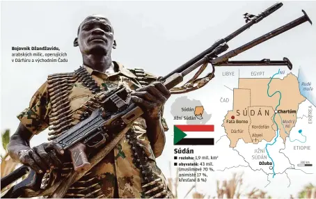  ??  ?? Bojovník Džandžavíd­u, arabských milic, operujícíc­h v Dárfúru a východním Čadu milice se jmenují - Džandžavíd
Súdán
Jižní Súdán 1,9 mil. km2 43 mil. (muslimové 70 %, animisté 17 %, křesťané 8 %)
Fata Borno
Džuba
Chartúm