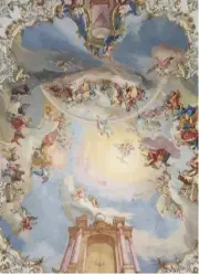  ??  ?? The ceiling fresco by Baptist Zimmermann in the Pilgrimage Church of the Scourged Saviour