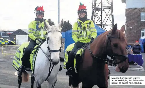  ??  ?? Mounted officers in festive attire and right, Kat EdmondsDan­iel on police horse Rubin