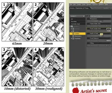  ??  ?? A basic knowledge of photograph­y can help when using posing software, as subtle changes in virtual camerawork can completely change the mood of a comic panel. 3D posing software can be great way to nail down a compositio­n, because changes in camera...