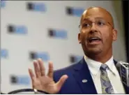  ?? G-JUN YAM — THE ASSOCIATED PRESS FILE ?? In this July 25, 2017 photo, Penn State head coach James Franklin speaks at the Big Ten conference NCAA college football media day in Chicago. Franklin has signed