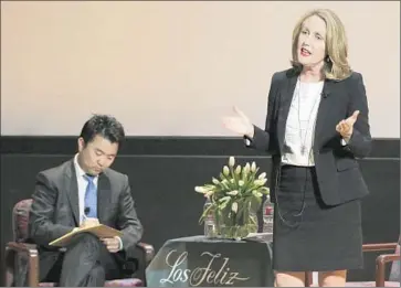 ?? Lawrence K. Ho
Los Angeles Times ?? DAVID RYU’S promise to not accept campaign money from local developers helped bolster his reputation as an L. A. City Hall outsider. Above, he and Carolyn Ramsay face off in a debate in April.