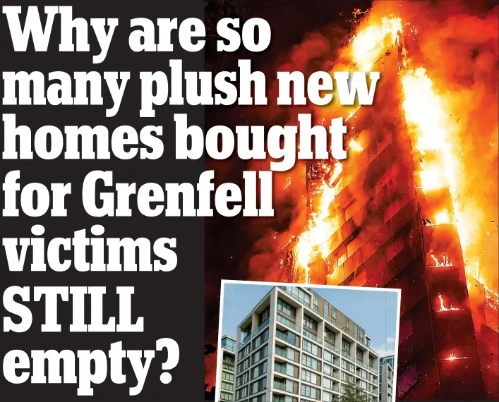  ??  ?? Vacant: Newly built flats in Kensington Row (left) have been offered to survivors of the Grenfell Tower fire (above), but some don’t want to move to an unfamiliar area