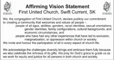  ?? ?? First United Church’s Affirming Vision Statement as displayed within the Main Entrance on 3rd Ave. NE.