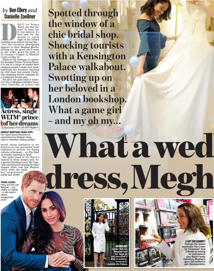  ??  ?? TRUE LOVE: Harry and the real Meghan – ring clearly on display – in last week’s official engagement photo A GIFT FOR GRANNY? Perhaps the Queen would like The Crown for Christmas? And if Netflix is looking for actresses to play Royal Family members,...