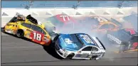  ?? AP/JOHN CHILTON ?? Dale Earnhardt Jr., in the No. 88 car, hits Kyle Busch (18), which caused Erik Jones (77), Matt Kenseth (20) and Elliott Sadler (7) to crash during Sunday’s Daytona 500. Sadler was the only one of the five drivers to finish the race after the wreck.