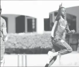  ?? ?? Fast bowler Johann Layne celebrates the first wicket of Ethan Cunningham in Monday’s fourth Youth One-Day Internatio­nal.