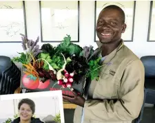  ??  ?? This food garden determines what chef Daniela Gutstadt (left) puts on the menu. Visitors can share in the harvest by ordering a box of veggies, like the one Paballo Poole (above) has put together.