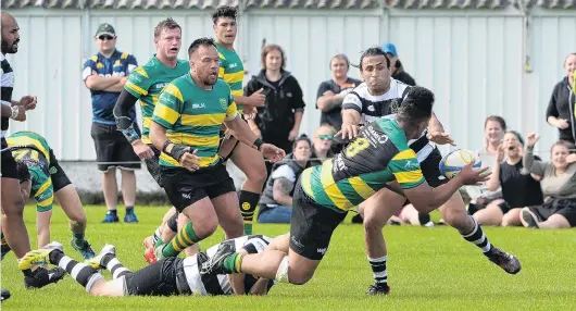  ??  ?? No further . . . Green Island No 8 Lafele Fa’amoe is tackled by Southern fullback Bryce Hosie (on ground) as Josh Gordon comes across to help in defence in the premier club rugby game at Bathgate Park on Saturday. Looking on are (from left) Mike...