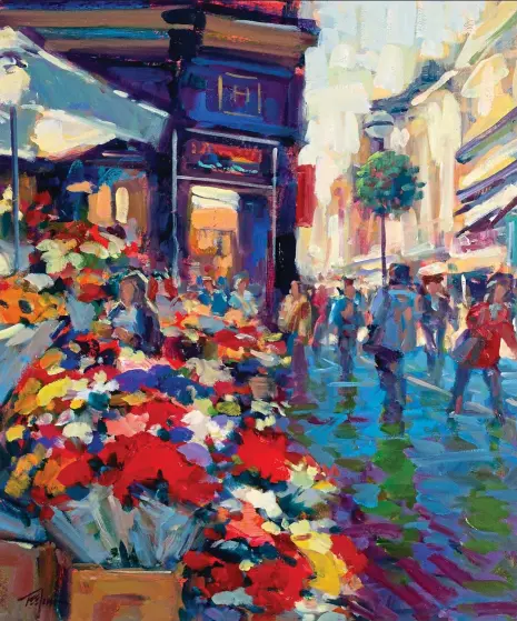  ??  ?? Bustling: Norman Teeling’s Flower Sellers On Grafton Street recalls a happier time in the capital’s centre