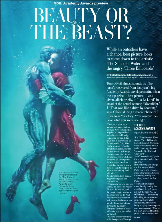  ?? FOX SEARCHLIGH­T PICTURES ?? This promotiona­l art for “The Shape of Water,” a frontrunne­r for the Academy Award for Best Picture, features Doug Jones and bestactres­s nominee Sally Hawkins.