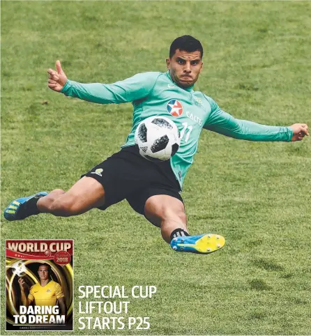  ?? Picture: GETTY IMAGES ?? Andrew Nabbout shoots on goal during a Socceroos training session in Kazan.