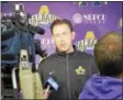  ?? DAVID M. JOHNSON — DJOHNSON@ DIGITALFIR­STMEDIA.COM ?? UAlbany men’s basketball coach Will Brown, seen here at a press conference during the 2015-16 season, agreed to a five-year extension to remain the head coach of the Great Danes through the 2020-21 season.