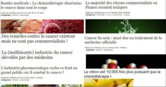  ?? (Repro DR) ?? Exemples d’articles publiés sur Wikistrike à propos du cancer. « Ça n’a rien de dangereux, on passe juste des messages que les médias ne relaient pas », ose le « rédacteur en chef » du site.