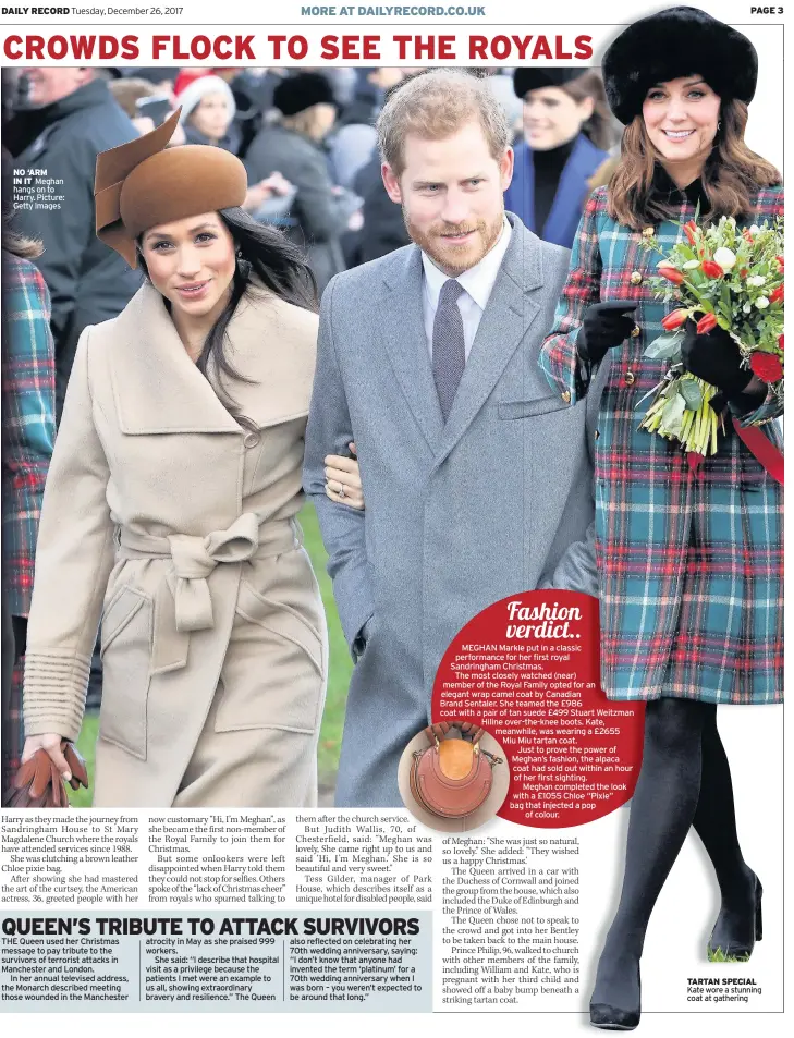  ??  ?? NO ‘ARM IN IT Meghan hangs on to Harry. Picture: Getty Images TARTAN SPECIAL Kate wore a stunning coat at gathering