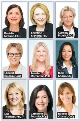  ??  ?? Danielle Mccann, CAQ Chantal Rouleau, CAQ Lise Thériault, PLQ Christine St-pierre, PLQ Jennifer Maccarone, PLQ Catherine Fournier, PQ Caroline Proulx, CAQ Ruba Ghazal, QS Isabelle Charest, CAQ