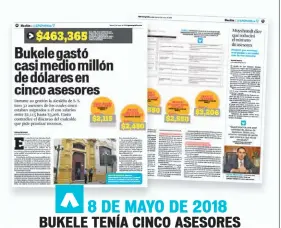  ??  ?? BUKELE TENÍA CINCO ASESORES LA ALCALDÍA DE SAN SALVADOR TUVO 32 ASESORES; DE ESOS, CINCO ESTABAN ASIGNADOS A NAYIB BUKELE CON SALARIOS ENTRE $2,115 Y $3,206. 8 DE MAYO DE 2018