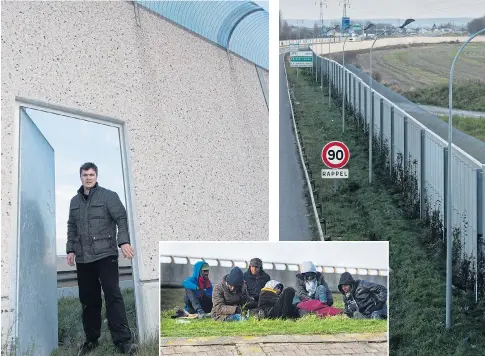  ?? Pictures: HUMPHREY NEMAR ?? Investigat­or Oliver Pritchard by an open door, left, migrants waiting for lorries, inset, and the 13ft high wall beside a motorway