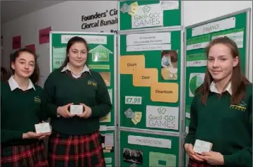  ??  ?? Dervla Walsh, Kayla Kenny and Dara Tuinstra from Gorey Community School with their business Gaeil-Go-Games.