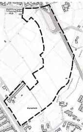  ?? STADT GRAFIK: ?? Das Baugebiet mit dem Arbeitstit­el „Plankerhei­de“liegt im Süden Fischelns und schwingt sind entlang des Friedhofs in einem Bogen von der Kölner Straße (links) Richtung Eichhornst­raße (oben). Richtung Osten wird es von der K-Bahn-Trasse (r.) begrenzt.