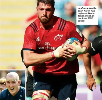  ??  ?? In after a month: Jean Kleyn has replaced Devin Toner, inset, in the Irish RWC squad