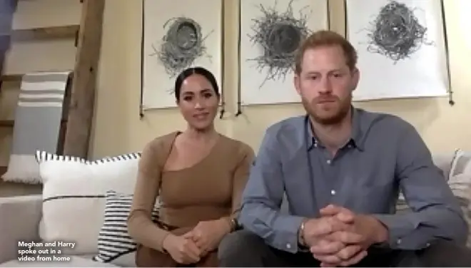  ??  ?? Meghan and Harry spoke out in a video from home