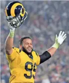  ?? KIRBY LEE/USA TODAY ?? Aaron Donald, who had two sacks, celebrates during the Rams’ 54-51 win against the Chiefs.