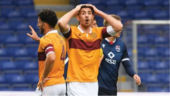  ??  ?? Disbelief
Motherwell skipper Declan Gallagher has his head in his hands after giving away the penalty that gave Ross County all three points in Monday’s opener