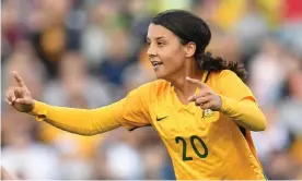  ??  ?? Sam Kerr celebrates scoring Australia’s second in the 2-1 win over Brazil in Penrith at the weekend. Photograph: Dean Lewins/AAP