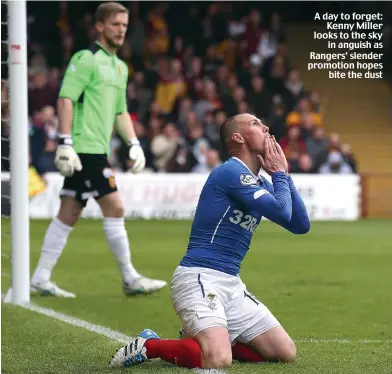  ??  ?? A day to forget:
Kenny Miller looks to the sky
in anguish as Rangers’ slender promotion hopes
bite the dust