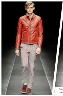  ??  ?? red leather paired with salmon-coloured pants. double-breasted long jacket for the smart-dressed man.