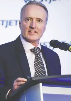  ?? JEFF MCINTOSH / THE CANADIAN PRESS FILES ?? “For the relatively low cost of $190 million ... years of effort to foster true competitio­n has been undone,” Westjet CEO Ed Sims said of the Transat sale.