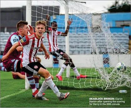  ??  ?? DEADLOCK BROKEN: Ciaron Harkin after opening the scoring for Derry in the 89th minute