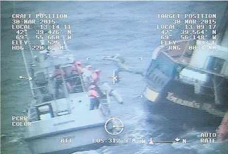  ?? U. S. COAST GUARD/ THE CANADIAN PRESS ?? A video image shows U. S. Coast Guard crews, left, rescuing members from the Canadian tall ship Liana’s Ransom off the coast of Gloucester, Mass., on Monday. “We’d yell, ‘ jump!’ and they’d jump onto the boat,” said Petty Officer First Class Rick Bowen.