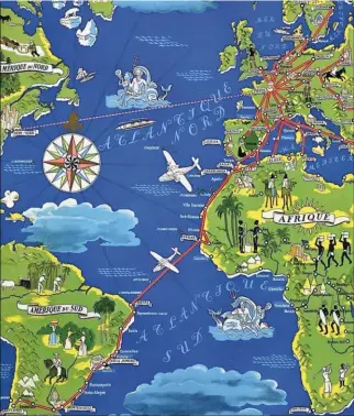  ?? DR/ COLL. MUSÉE AIR FRANCE ?? Sur cette illustrati­on datant de 1937 figurent les réseaux européens, africains et sudamérica­ins d’Air France. La ligne en pointillé sur l’Atlantique nord n’est encore, pour le transport aérien, qu’une vision de l’avenir. Sur l’Atlantique sud, 104...