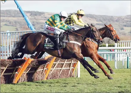  ??  ?? Race winner Buveur D’Air ridden by Barry Geraghty (foreground), clears the last hurdle alongside Melon, ridden by Paul Townend, as they race to finishline in the Champion Hurdle at Cheltenham Racecourse, Cheltenham England on March 13. (AP)