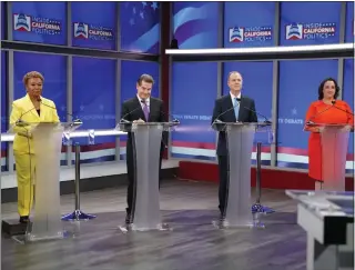  ?? PHOTO COURTESY OF KRON-TV ?? The four leading candidates for U.S. Senate — from left, Democratic Rep. Barbara Lee, Republican Steve Garvey and Democratic Reps. Adam Schiff and Katie Porter — take part in a debate Monday.