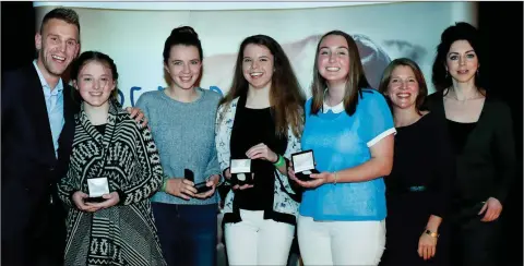  ??  ?? Clodagh Bradshaw, Áine Hughes, Ciara Kelly and Sinead Roche from Coláiste Chraobh Abhann with their President’s Award Leader, Deirdre Coyle, Jonny Cooper and Yvonne McKenna.