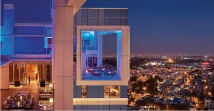  ??  ?? ABOVE: The rooftop bar Hype at Shangri-La Hotel, Bengaluru
RIGHT: The lobby of The Park Chennai is punctuated with frames of old movie posters