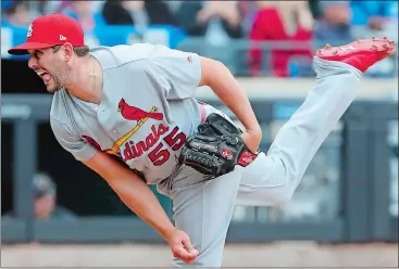  ?? KATHY WILLENS/AP PHOTO ?? Cardinals relief pitcher Dominic Leone follows through on a pitch during the ninth inning of Sunday’s game against the Mets at New York. Leone, the former Norwich Free Academy standout, finished up the Cardinals’ 5-1 win.