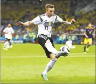  ?? Dean Mouhtaropo­ulos / Getty Images ?? Germany’s Marco Reus in action against Sweden at the World Cup on Saturday.