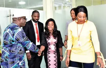  ??  ?? L-R: Ekiti State Governor, Dr. Kayode Fayemi; Executive Producer Best of Nollywood (BON) Awards, Mr. Seun Oloketuyi; Nollywood actresses, Bimpe Oyebade and Aishat Lawal, during the BON’s management’s visit and presentati­on of the 2020 Awards hosting right to Ekiti State Governor, in Ado-Ekiti