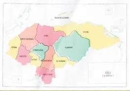  ??  ?? 1881 En este año ya se observa la desaparici­ón de La Victoria. La Mosquitia pasó a llamarse Colón y abarca todo lo que en la actualidad conocemos como Gracias a Dios, Colón y parte de Atlántida. En mapas anteriores ese territorio era llamado Yoro. Los ríos se vuelven fundamenta­les para delimitar.