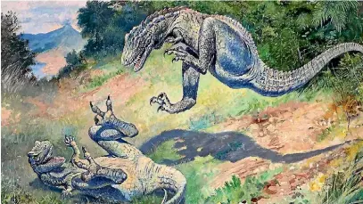  ?? AMERICAN MUSEUM OF NATURAL HISTORY, NEW YORK ?? In 1897 Charles R Knight painted this depiction of dinosaurs known as Laelaps. They were later renamed Dryptosaur­us, after the name Laelaps was given to a genus of mite.