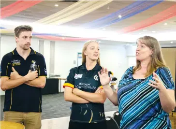  ??  ?? Several of the Longwarry players were on hand to help welcome the girls to the club, including Division 2 player Cole Cook (left) with Erin Maxwell and her mother Narelle Maxwell at the function last week.