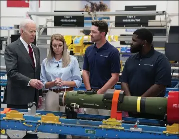  ?? EVAN VUCCI — THE ASSOCIATED PRESS ?? President Joe Biden speaks Tuesday during a tour of the Lockheed Martin Pike County Operations facility in Troy, Ala., where Javelin anti-tank missiles are manufactur­ed.