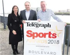  ??  ?? Here we go: (from left) Karen McGarvey, Belfast Telegraph Events Manager, Boulevard Centre Manager Chris Nelmes and Group Sports Editor Jim Gracey