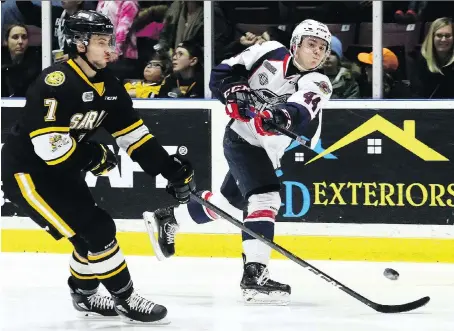  ?? PHOTOS: MARK MALONE ?? The Spitfires’ Nathan Staios shoots one past Sarnia’s Nick Grima in the second period at Progressiv­e Auto Sales Arena in Sarnia on Friday. The Spitfires won a second game in a row against the Sting as the teams battle for the seventh seed in the Western Conference.